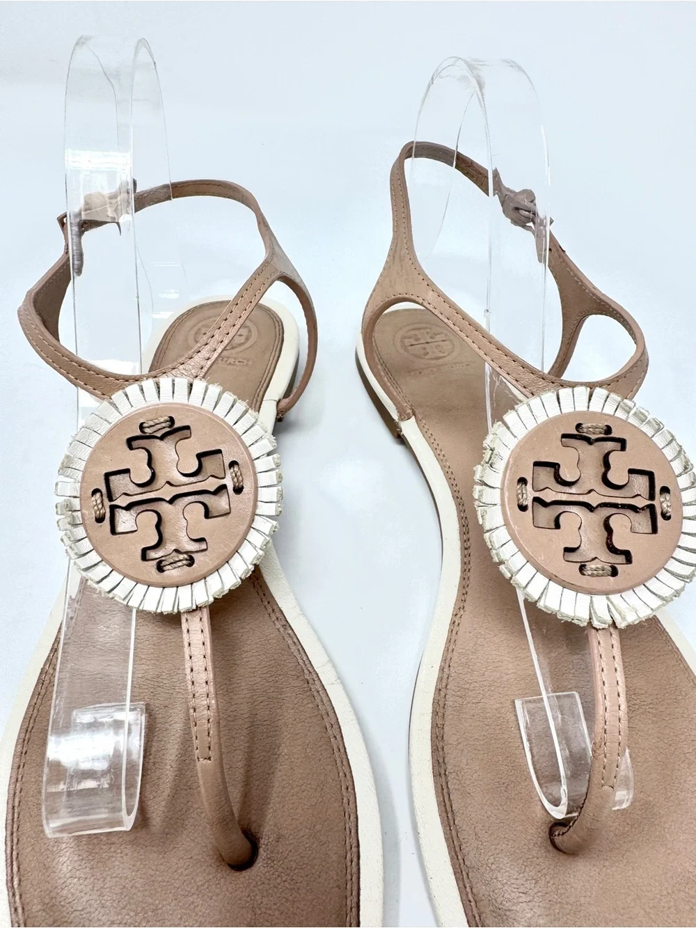 Tory Burch Miller Fringe Tan and Cream Flat Leather Sandals